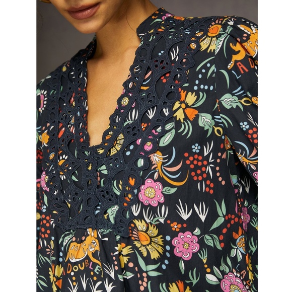 StyleWe, V-Neck Printed Floral Black Multicolored Blouse, Size L - Picture 6 of 7